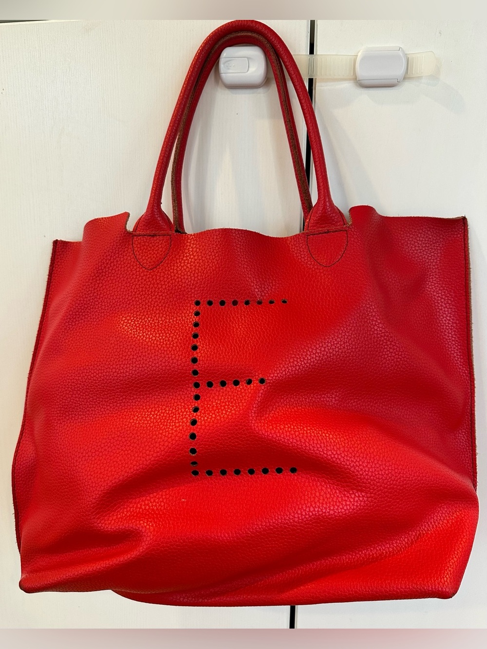 Mark & Graham Large Red Pebbled Leather Tote Perforated Monogram E Carryall Bag
